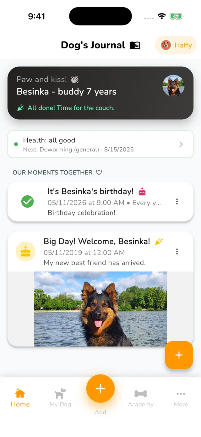 Home screen in the Haffy app: dog's health all good, next due date and journal
